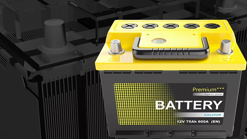 Yellow premium car battery, highlighting its specifications and design