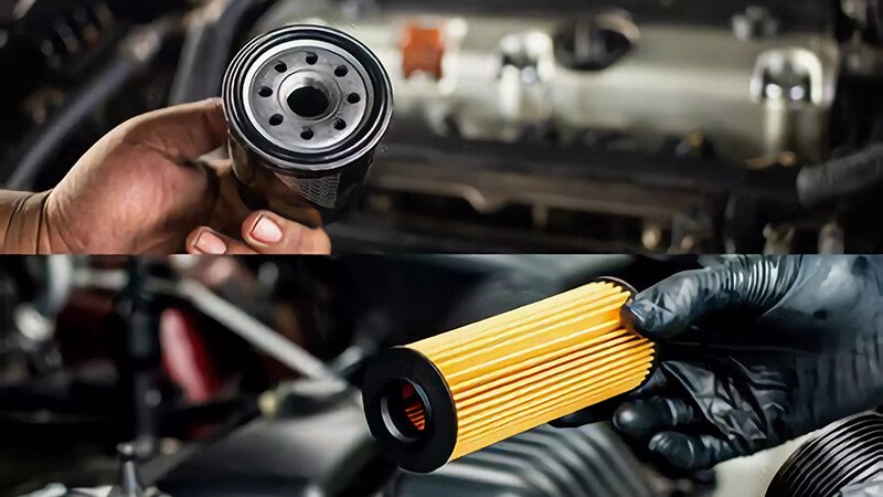 Comparison between a newly installed oil filter and a used oil filter, showing clear differences in cleanliness