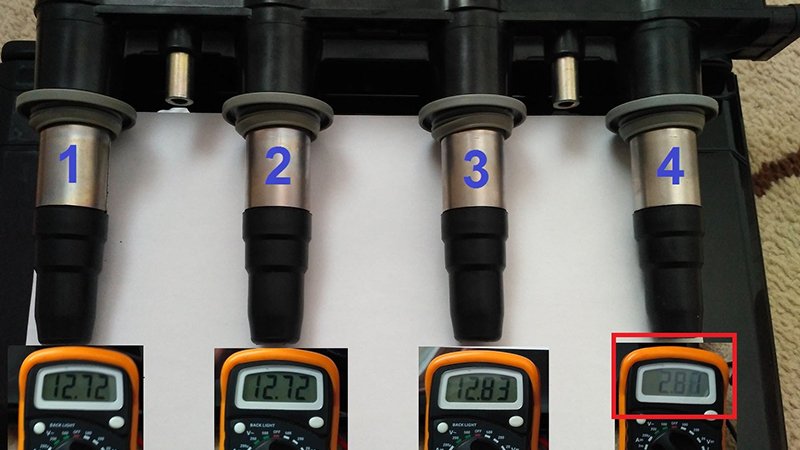 Coil test, car cylinder coils with multimeter readings